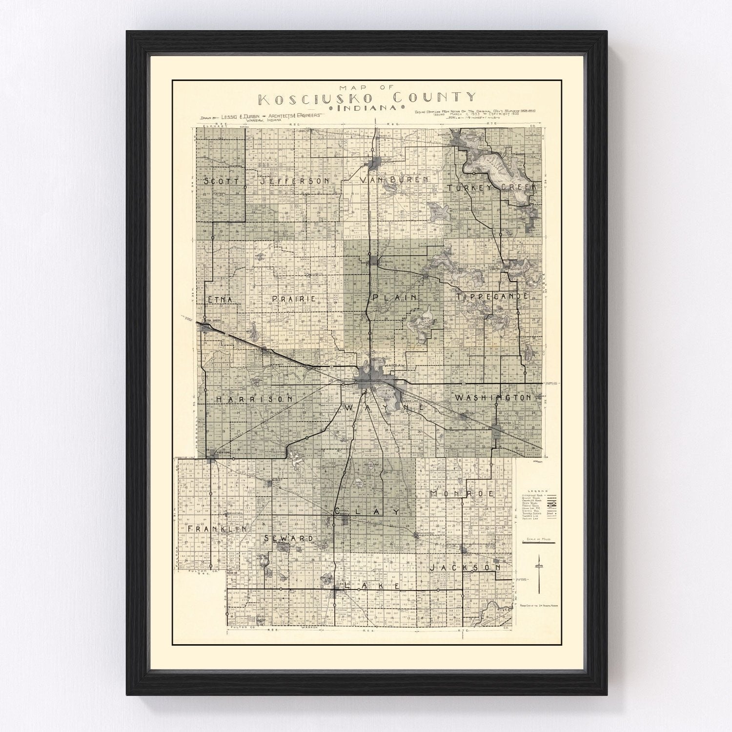 Vintage Map of Kosciusko County, Indiana 1933