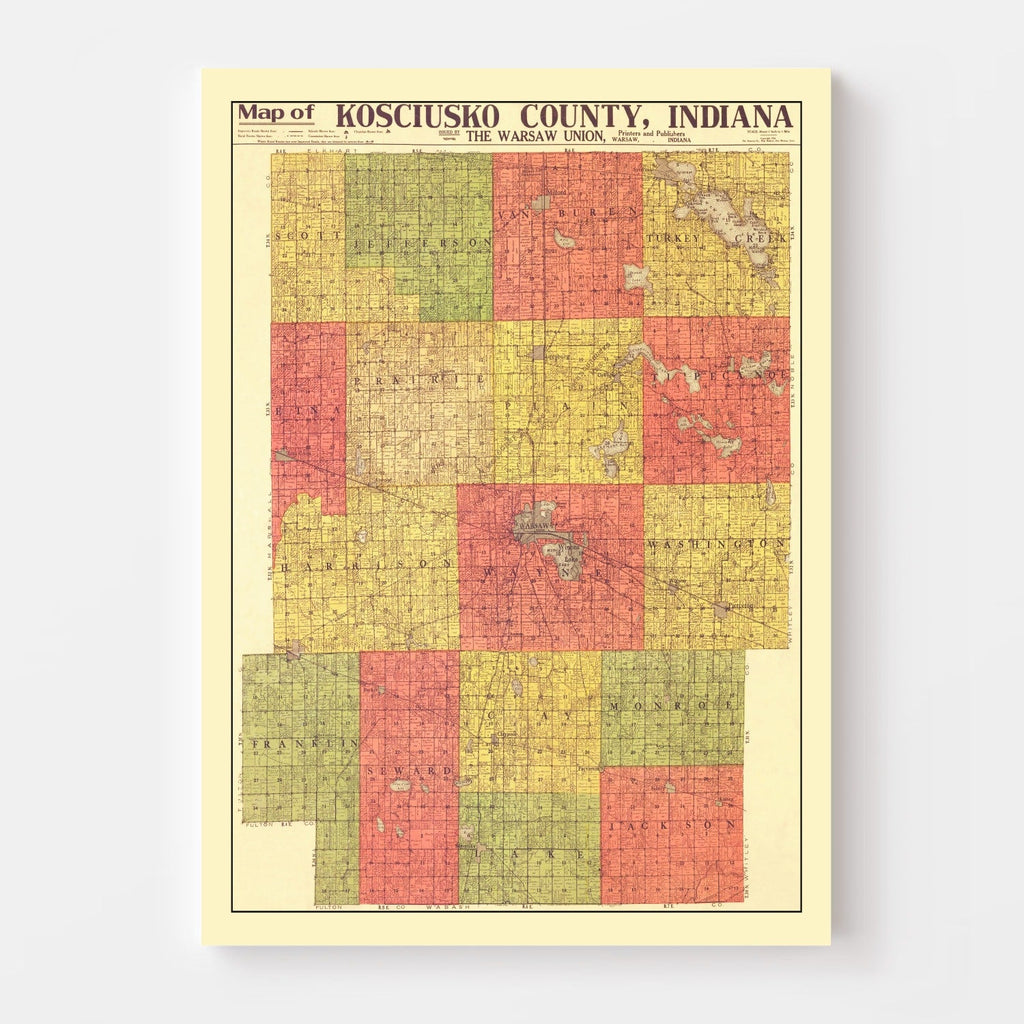Vintage Map of Kosciusko County, Indiana 1916