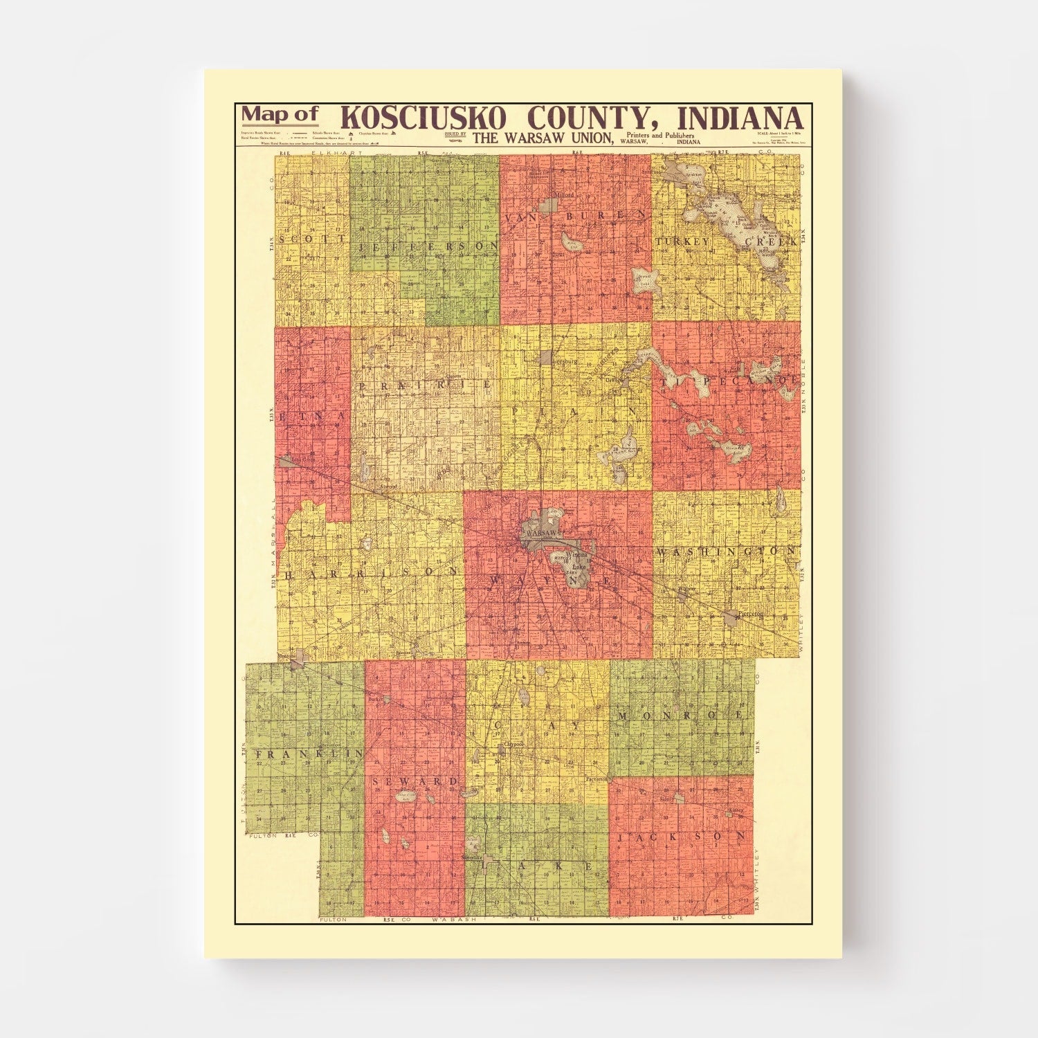 Vintage Map of Kosciusko County, Indiana 1916