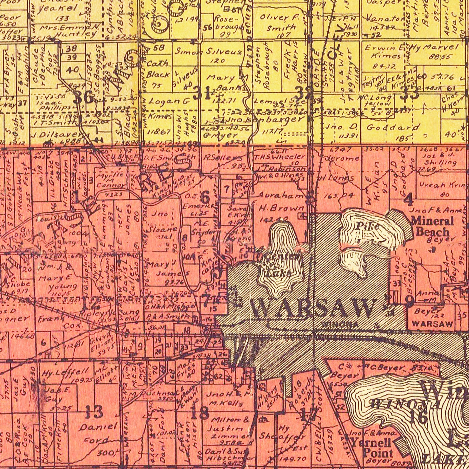 Vintage Map of Kosciusko County, Indiana 1916