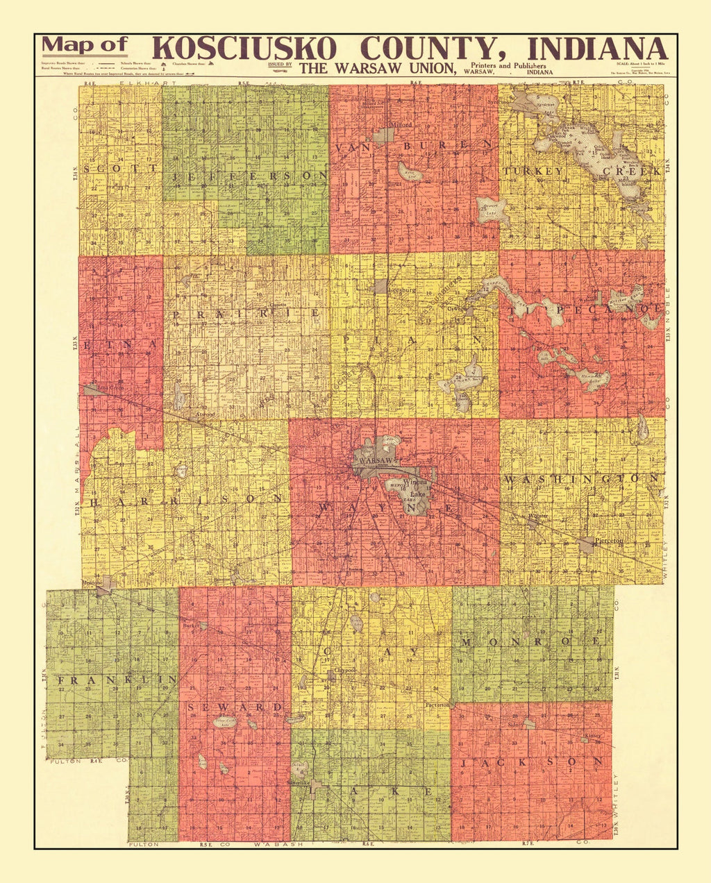 Vintage Map of Kosciusko County, Indiana 1916