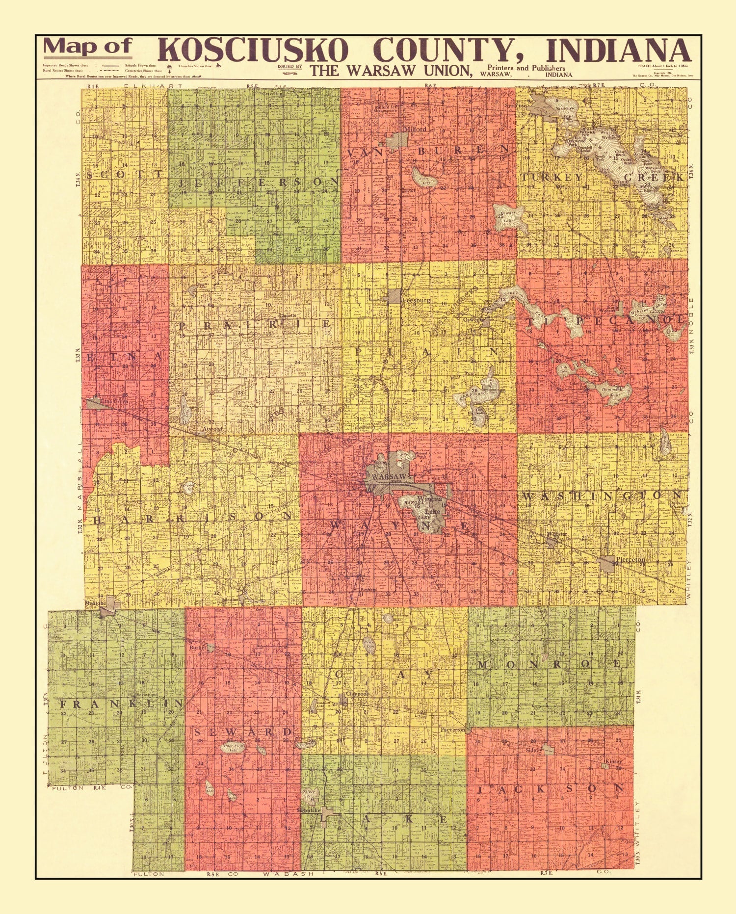 Vintage Map of Kosciusko County, Indiana 1916