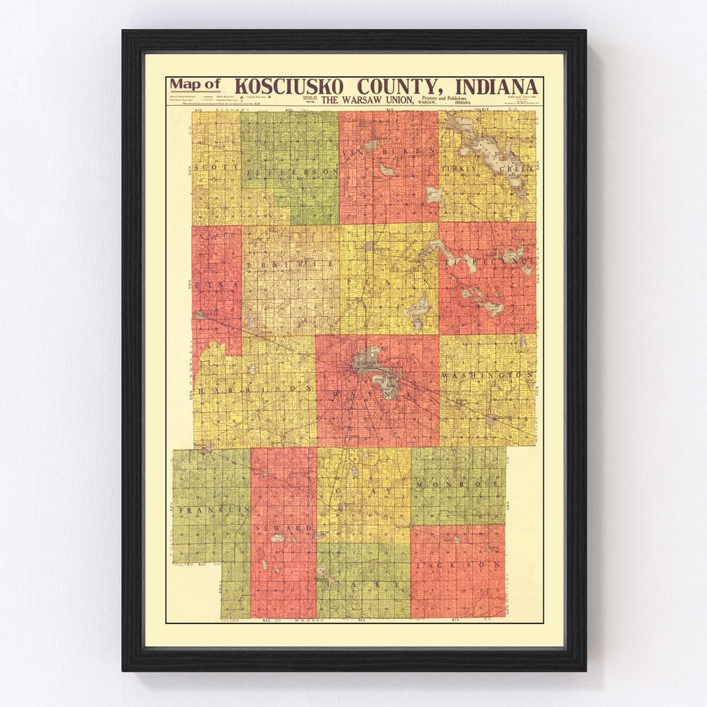 Vintage Map of Kosciusko County, Indiana 1916