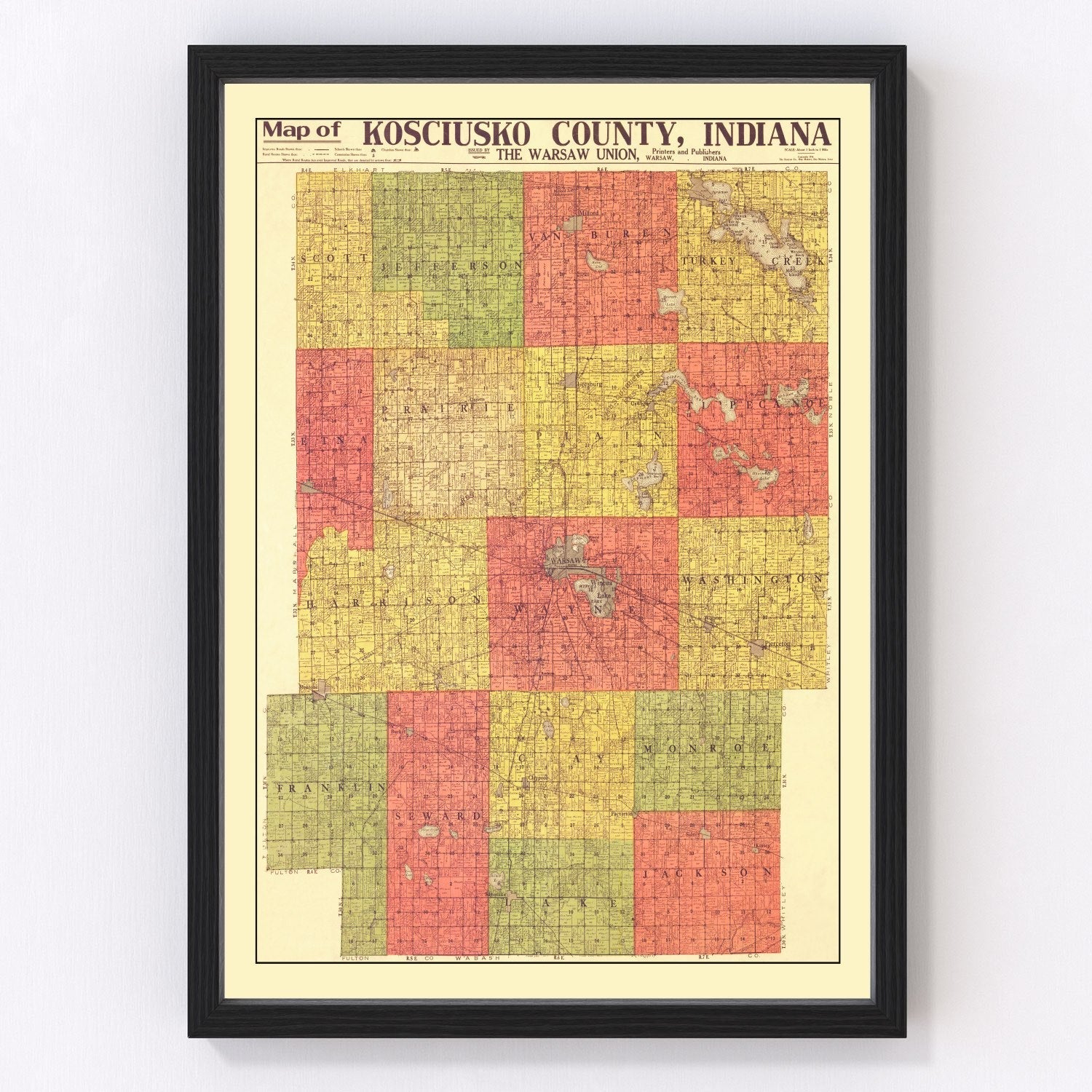Vintage Map of Kosciusko County, Indiana 1916