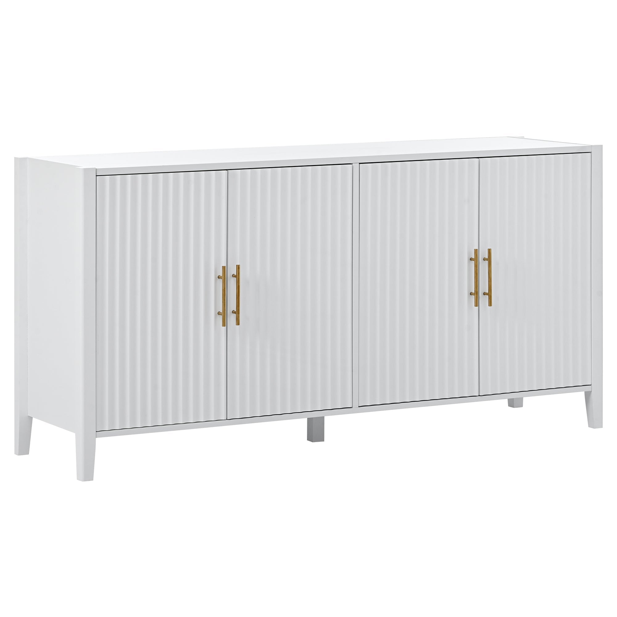 U_Style 63.1''Modern 4-Vertical Wavy Slatted Doors Sideboard,Storage Cabinet With Elegant Design, Solid Wood Legs with Painted,Metal Handles,for Dining Room,Living Room, Kitchen, or Entryway(White)