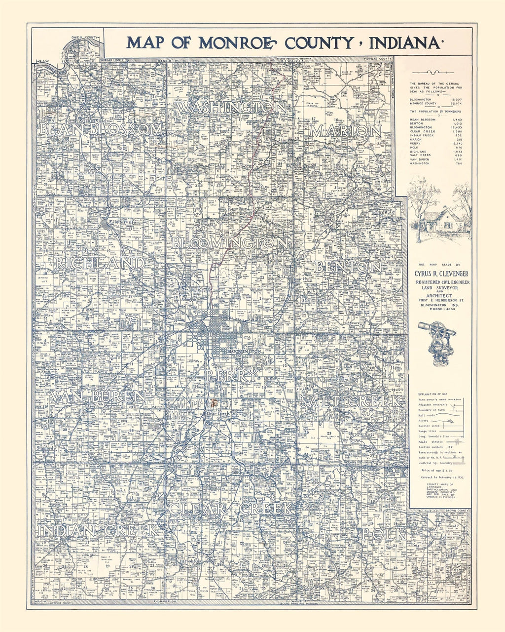 Vintage Map of Monroe County, Indiana 1932