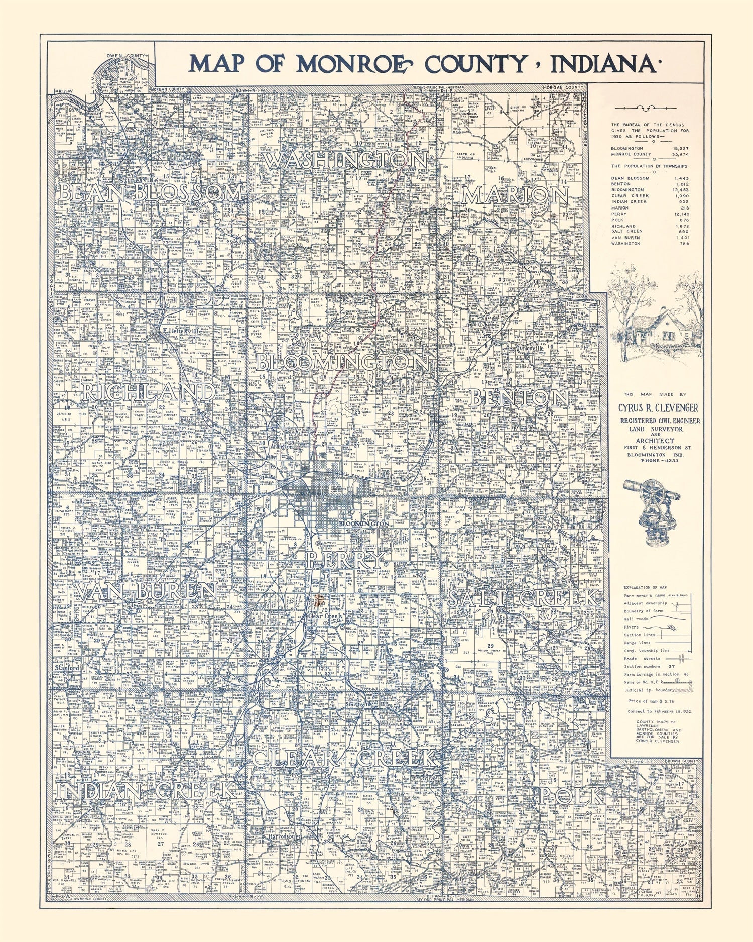 Vintage Map of Monroe County, Indiana 1932