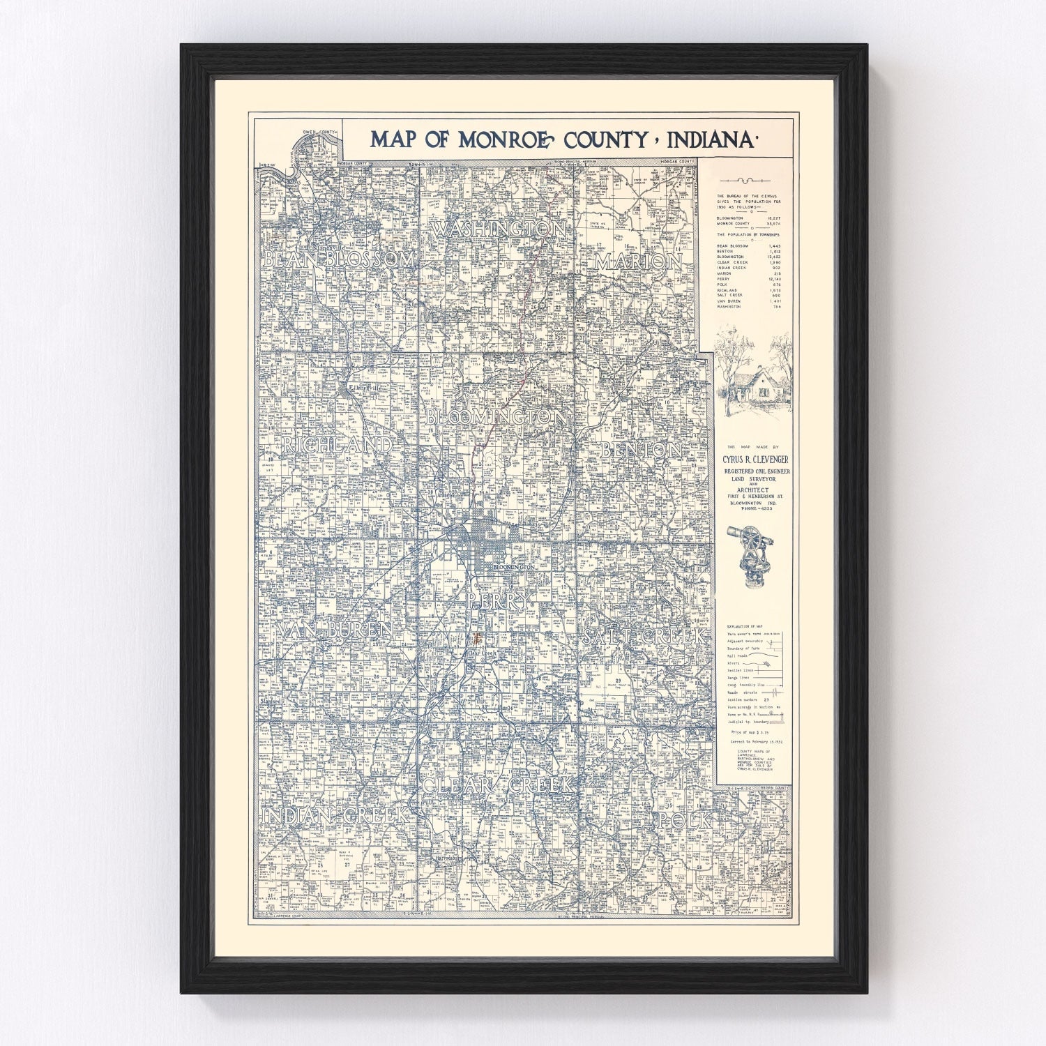 Vintage Map of Monroe County, Indiana 1932
