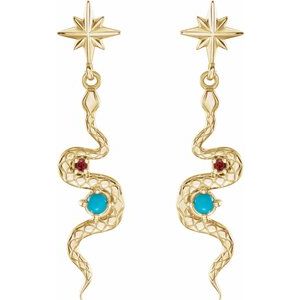 14K Yellow Gold Natural Turquoise & Natural Ruby Snake Earrings
