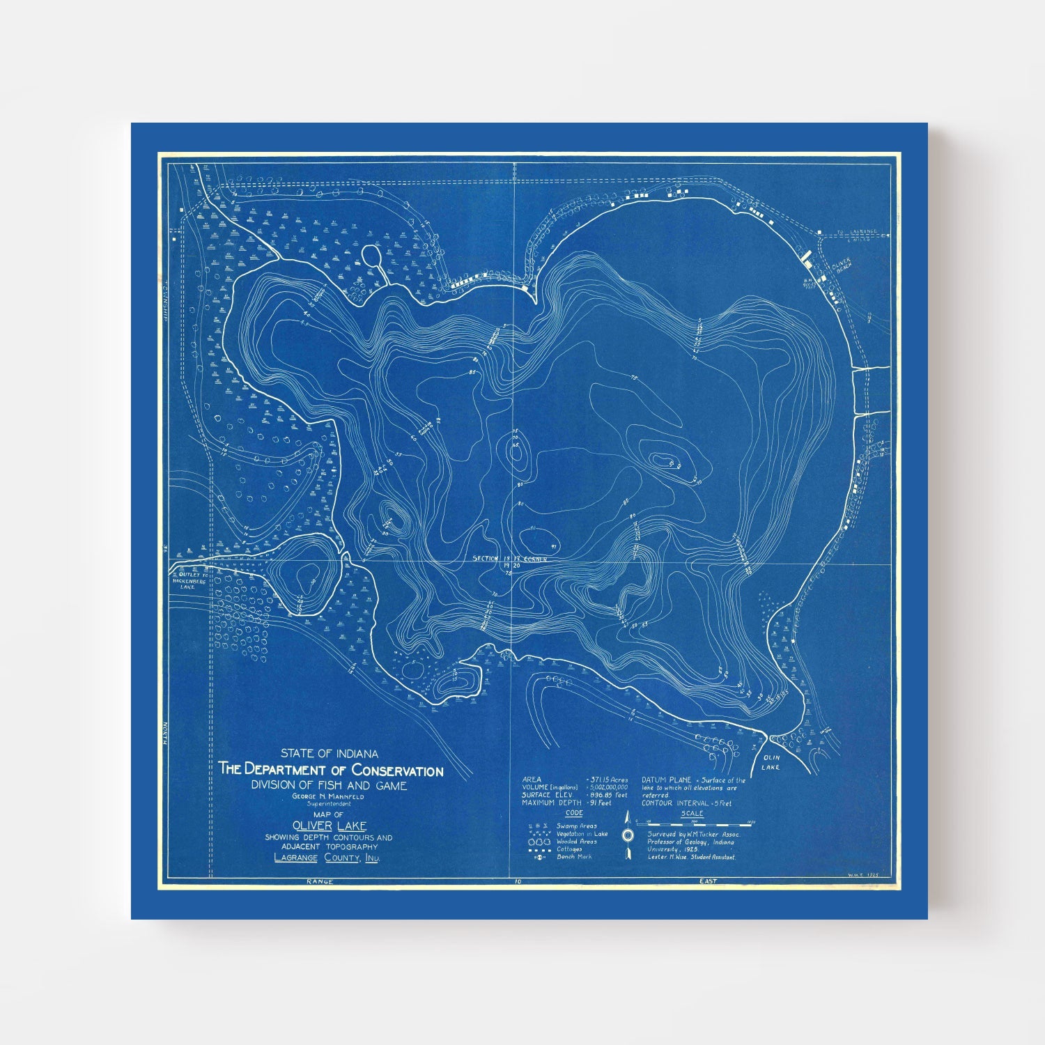 Vintage Oliver Lake, IN Map 1925