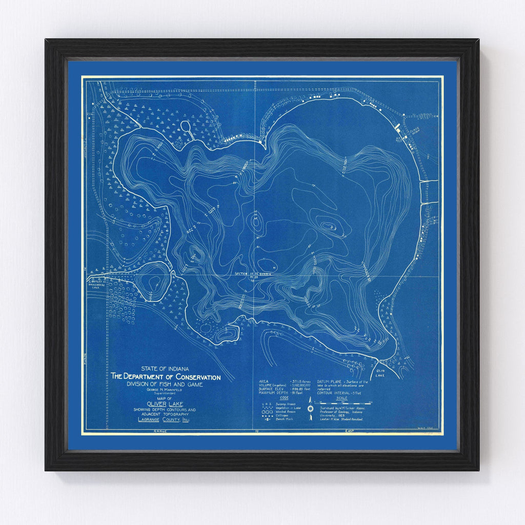 Vintage Oliver Lake, IN Map 1925