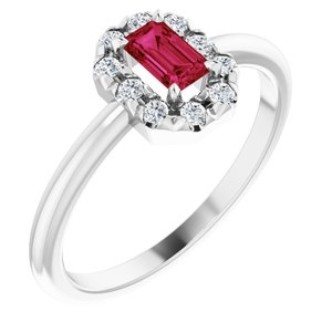 Sterling Silver Lab-Grown Ruby & 1/8 CTW Natural Diamond French-Set Halo-Style Ring