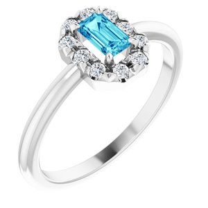 14K White Gold Natural Blue Zircon & 1/8 CTW Natural Diamond French-Set Halo-Style Ring