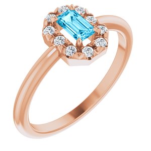 14K Rose Gold Natural Aquamarine & 1/8 CTW Natural Diamond French-Set Halo-Style Ring