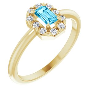 14K Yellow Gold Natural Aquamarine & 1/8 CTW Natural Diamond French-Set Halo-Style Ring