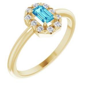 14K Yellow Gold Natural Blue Zircon & 1/8 CTW Natural Diamond French-Set Halo-Style Ring