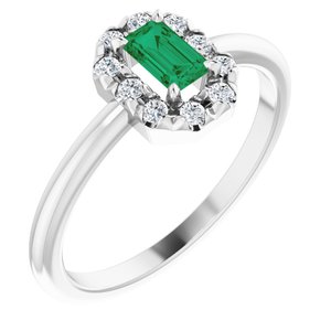 Sterling Silver Lab-Grown Emerald & 1/8 CTW Natural Diamond French-Set Halo-Style Ring
