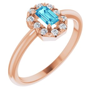 14K Rose Gold Natural Blue Zircon & 1/8 CTW Natural Diamond French-Set Halo-Style Ring