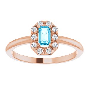 14K Rose Gold Natural Aquamarine & 1/8 CTW Natural Diamond French-Set Halo-Style Ring
