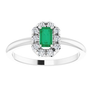 14K White Gold Natural Emerald & 1/8 CTW Natural Diamond French-Set Halo-Style Ring