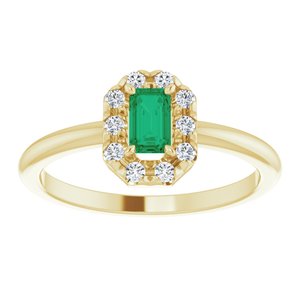 14K Yellow Gold Natural Emerald & 1/8 CTW Natural Diamond French-Set Halo-Style Ring