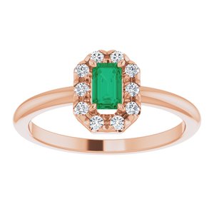 14K Rose Gold Lab-Grown Emerald & 1/8 CTW Natural Diamond French-Set Halo-Style Ring