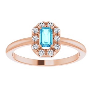 14K Rose Gold Natural Blue Zircon & 1/8 CTW Natural Diamond French-Set Halo-Style Ring