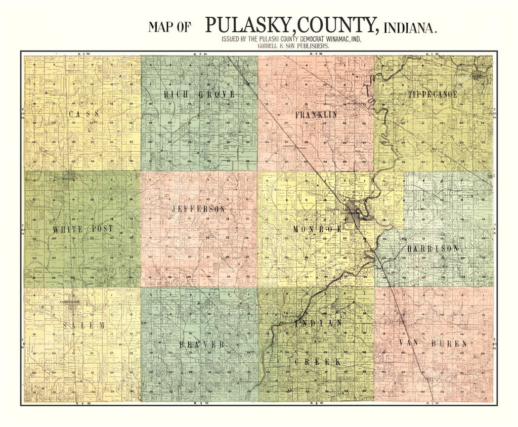 Vintage Map of Pulaski County, Indiana 1911