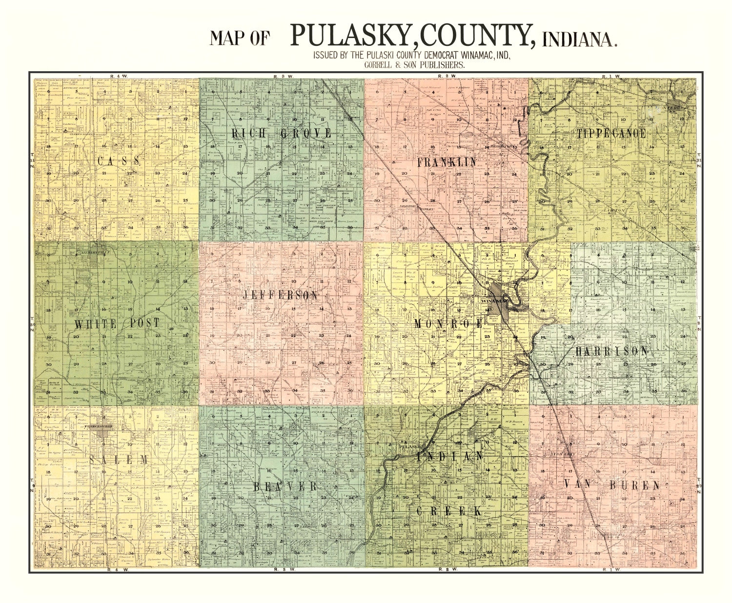 Vintage Map of Pulaski County, Indiana 1911