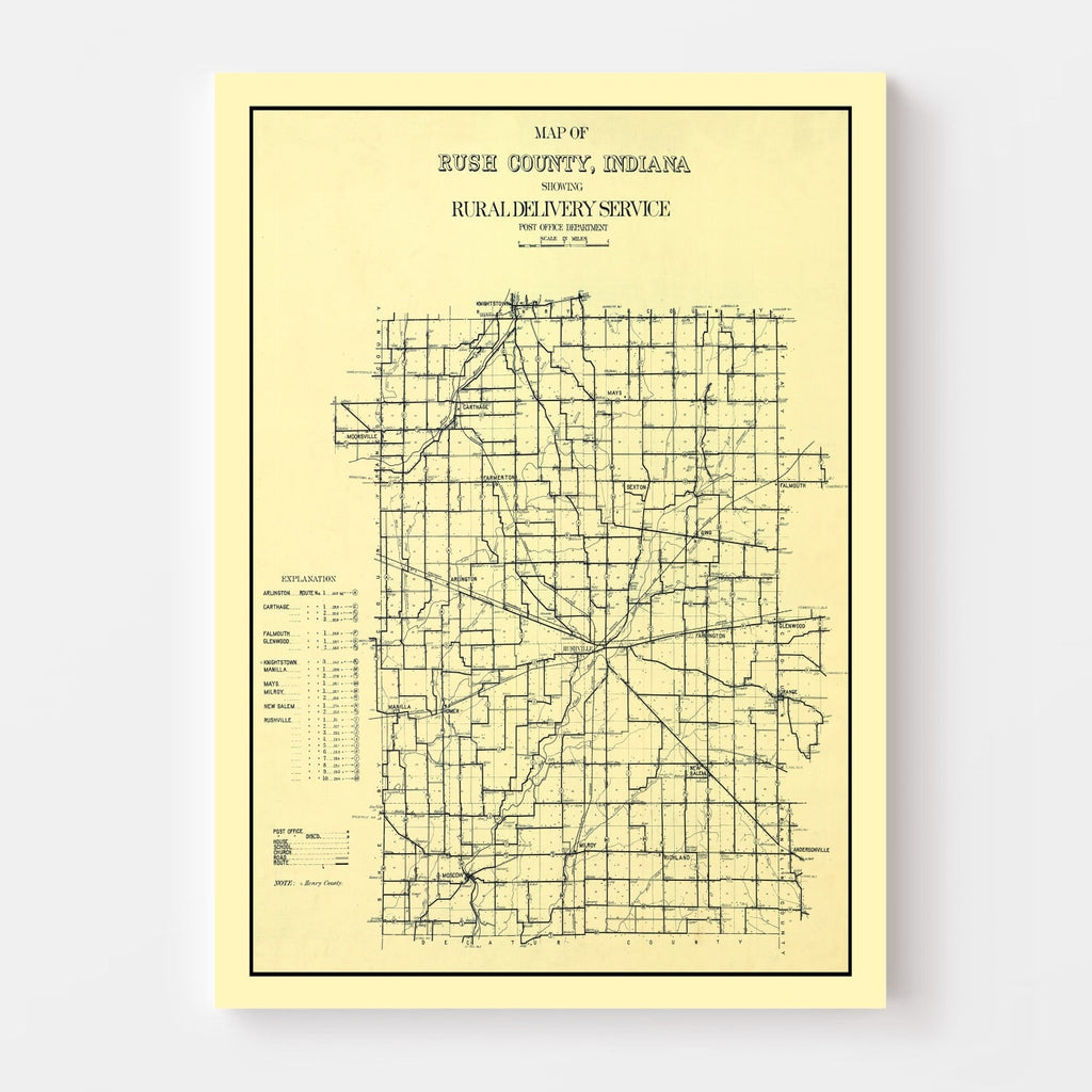 Vintage Map of Rush County, Indiana 1909