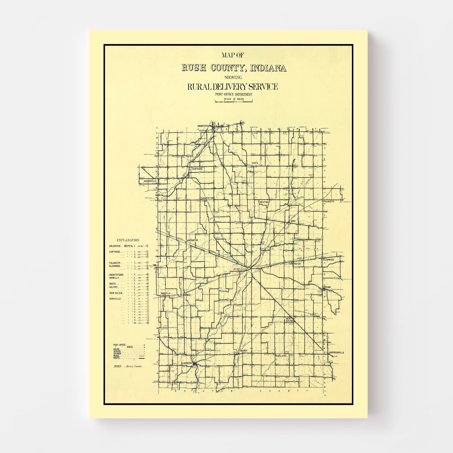 Vintage Map of Rush County, Indiana 1909