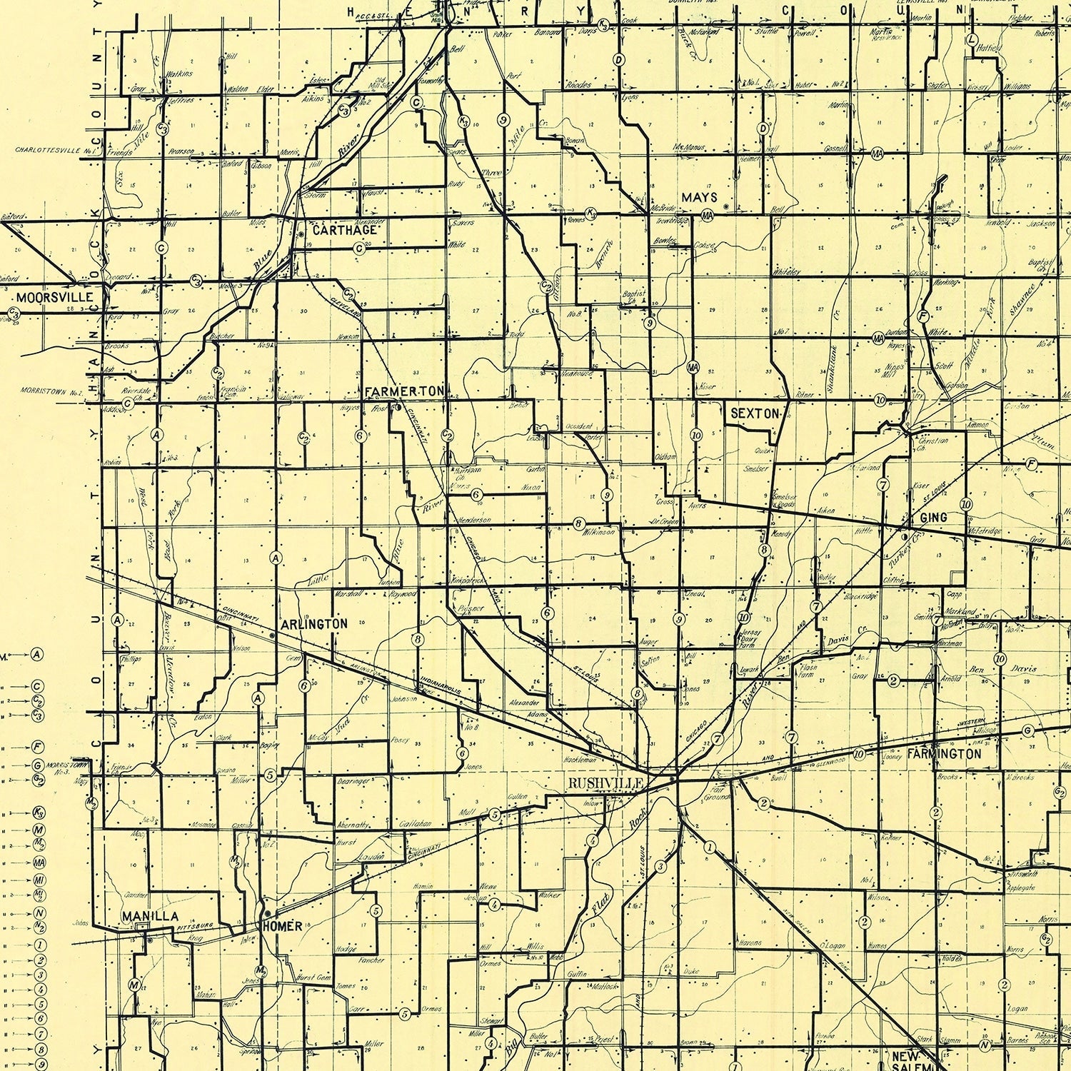 Vintage Map of Rush County, Indiana 1909
