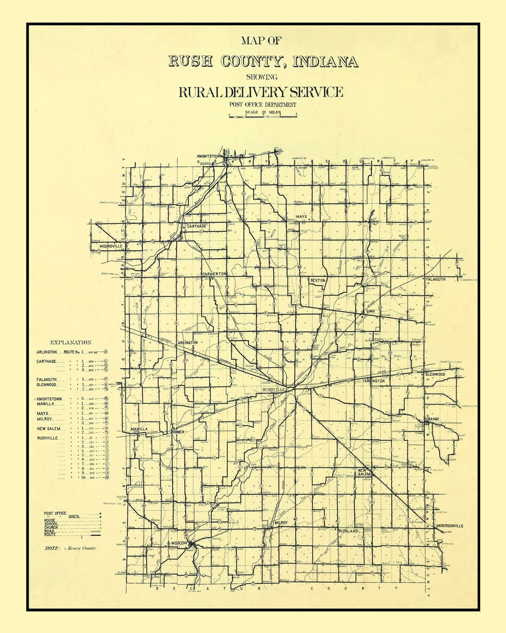 Vintage Map of Rush County, Indiana 1909