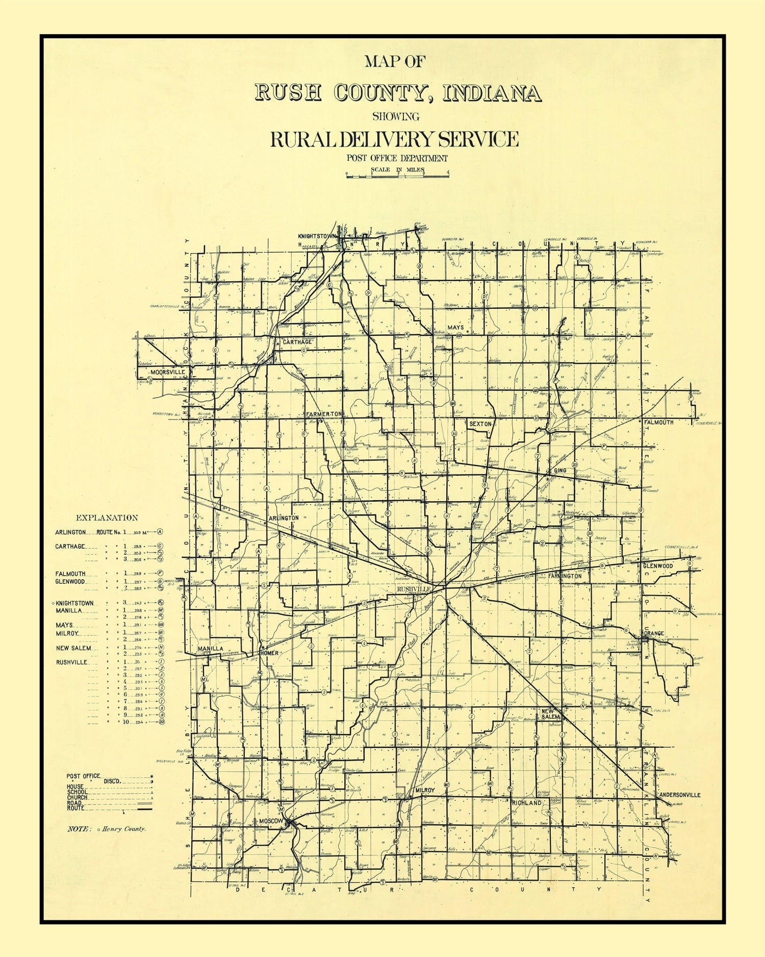 Vintage Map of Rush County, Indiana 1909