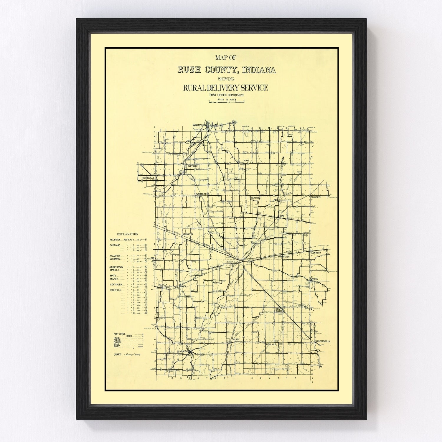 Vintage Map of Rush County, Indiana 1909