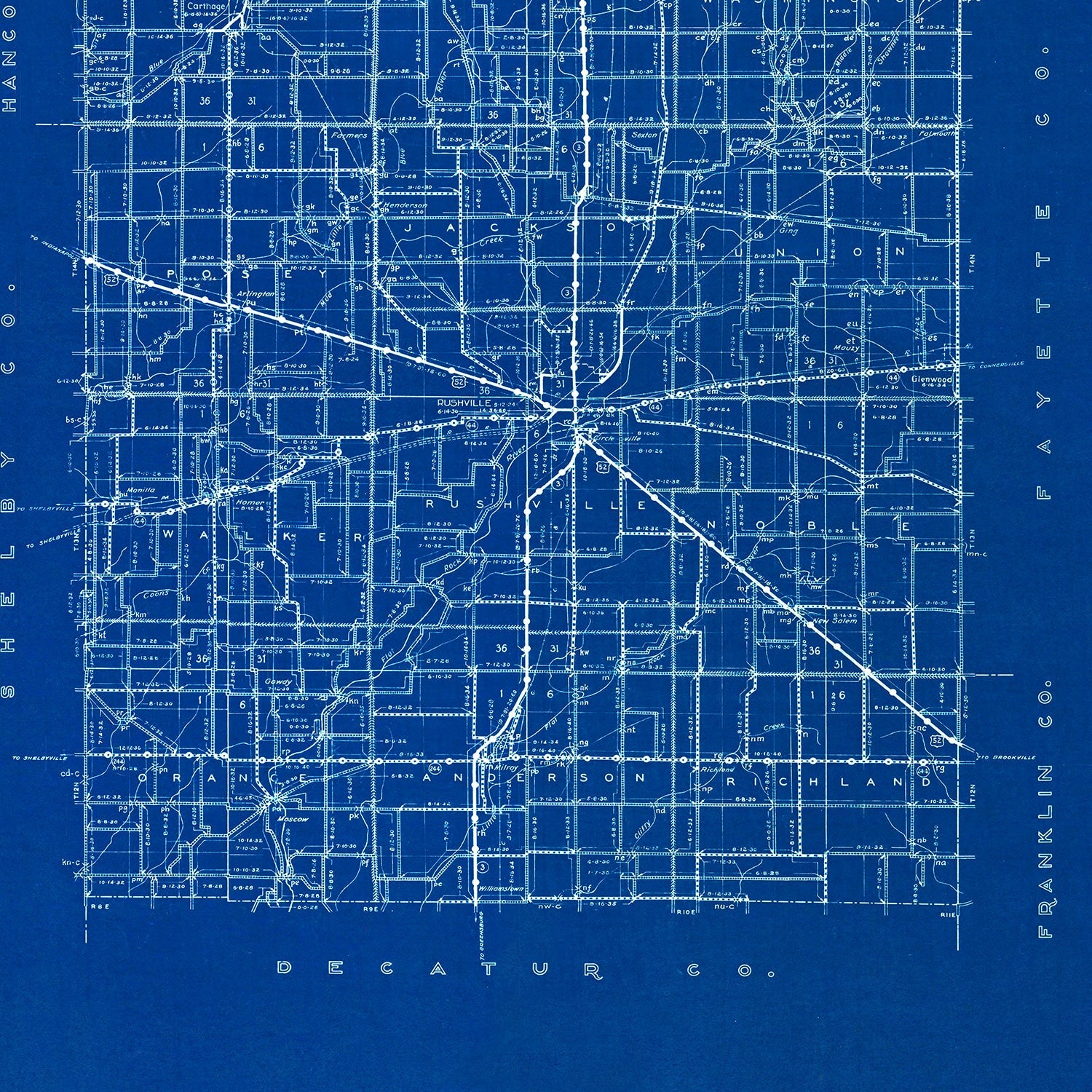 Vintage Map of Rush County, Indiana 1936