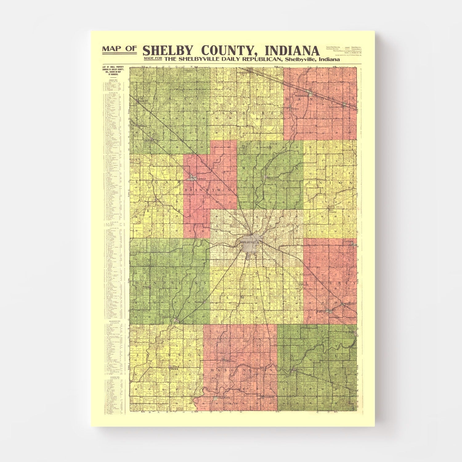 Vintage Map of Shelby County, Indiana 1916