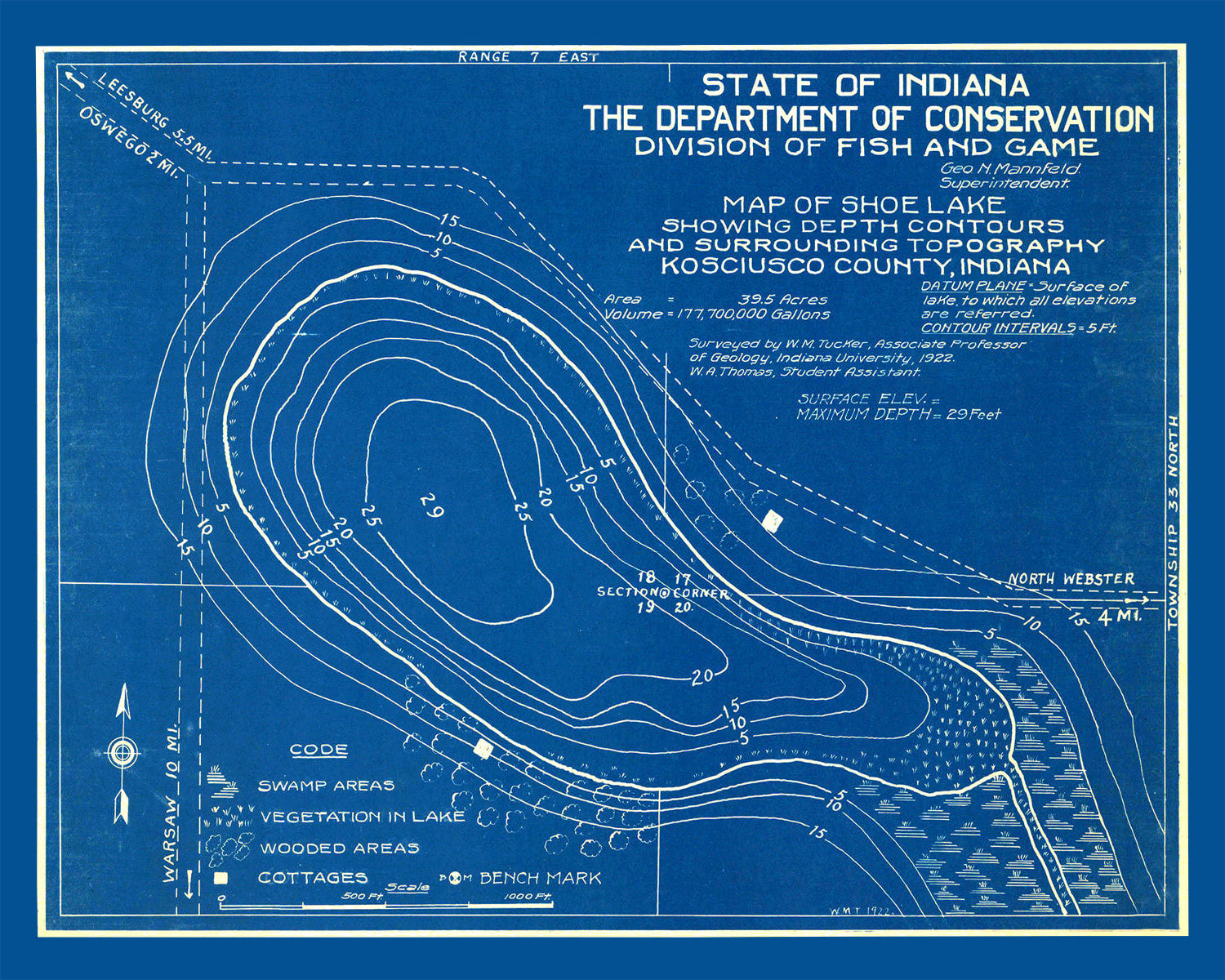 Vintage Shoe Lake, IN Map 1922