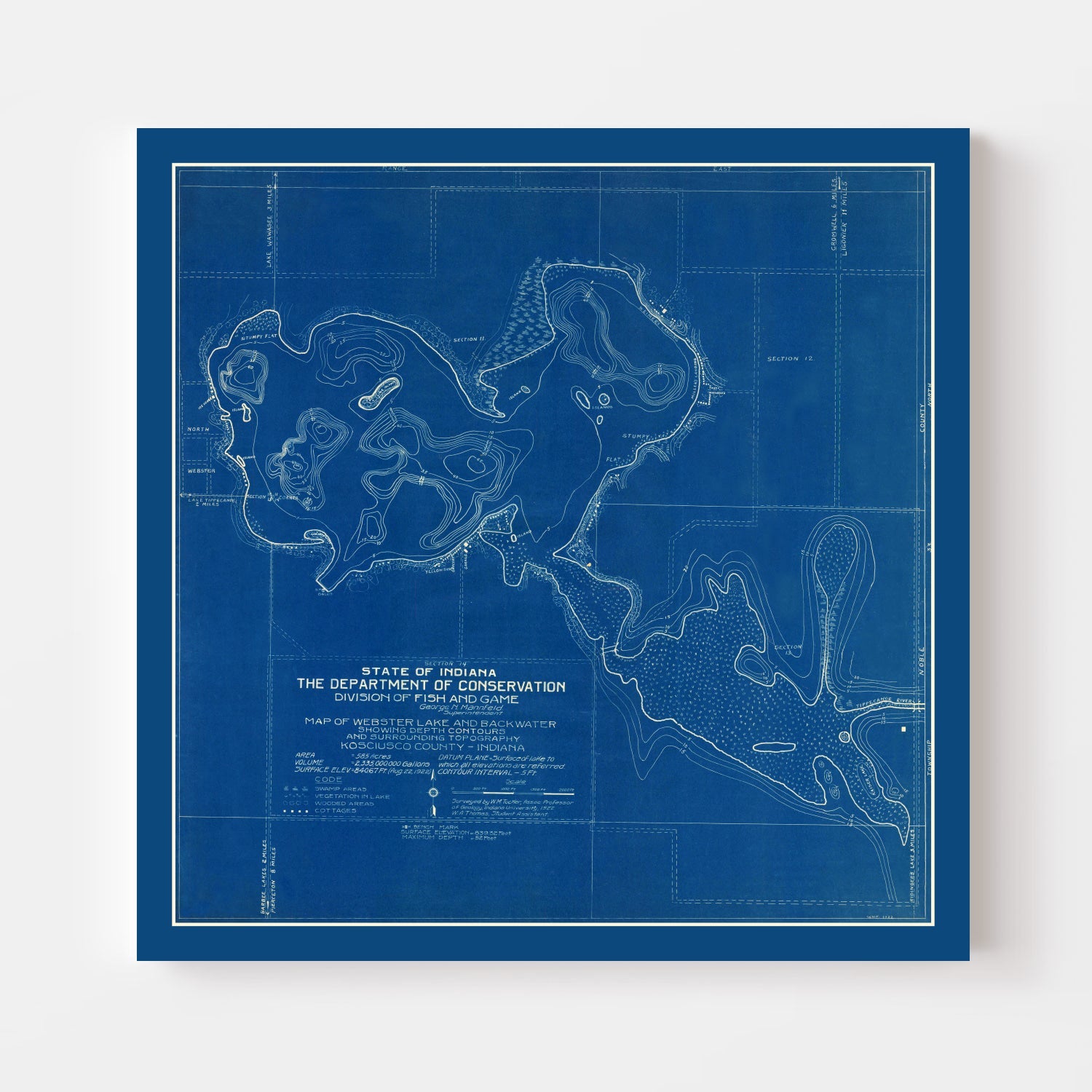 Vintage Webster Lake, IN Map 1922