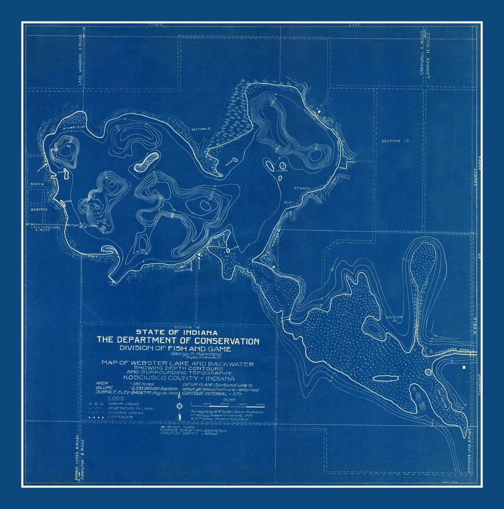 Vintage Webster Lake, IN Map 1922