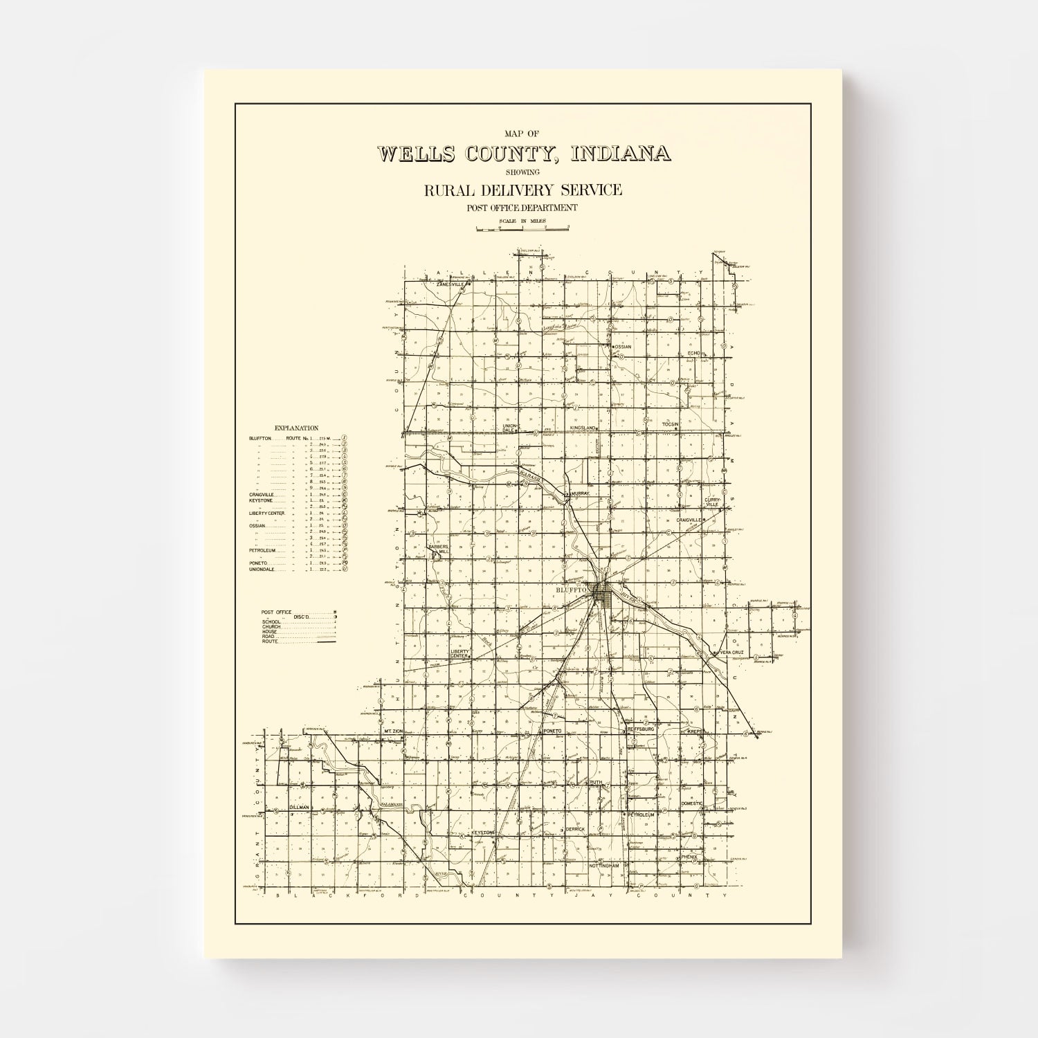 Vintage Map of Wells County, Indiana 1911