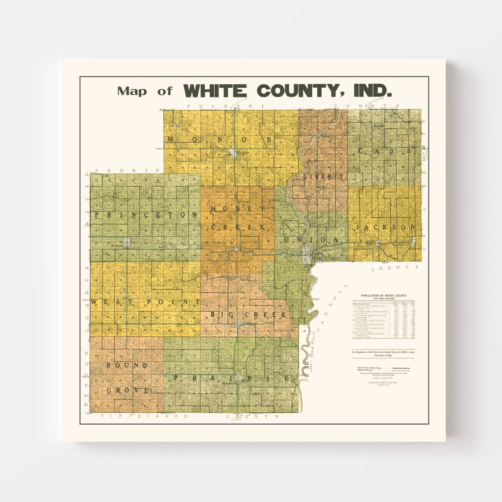 Vintage Map of White County, Indiana 1910