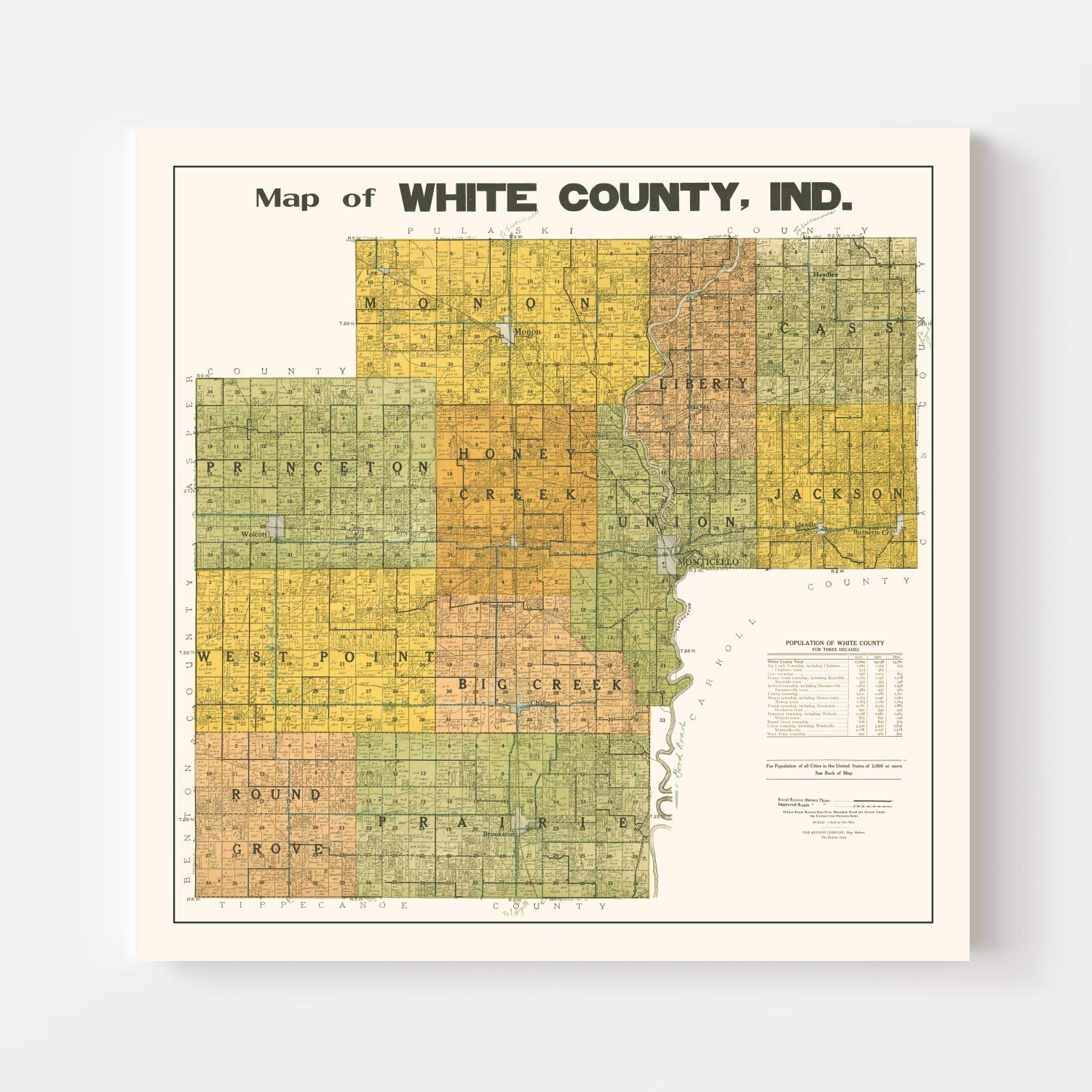 Vintage Map of White County, Indiana 1910