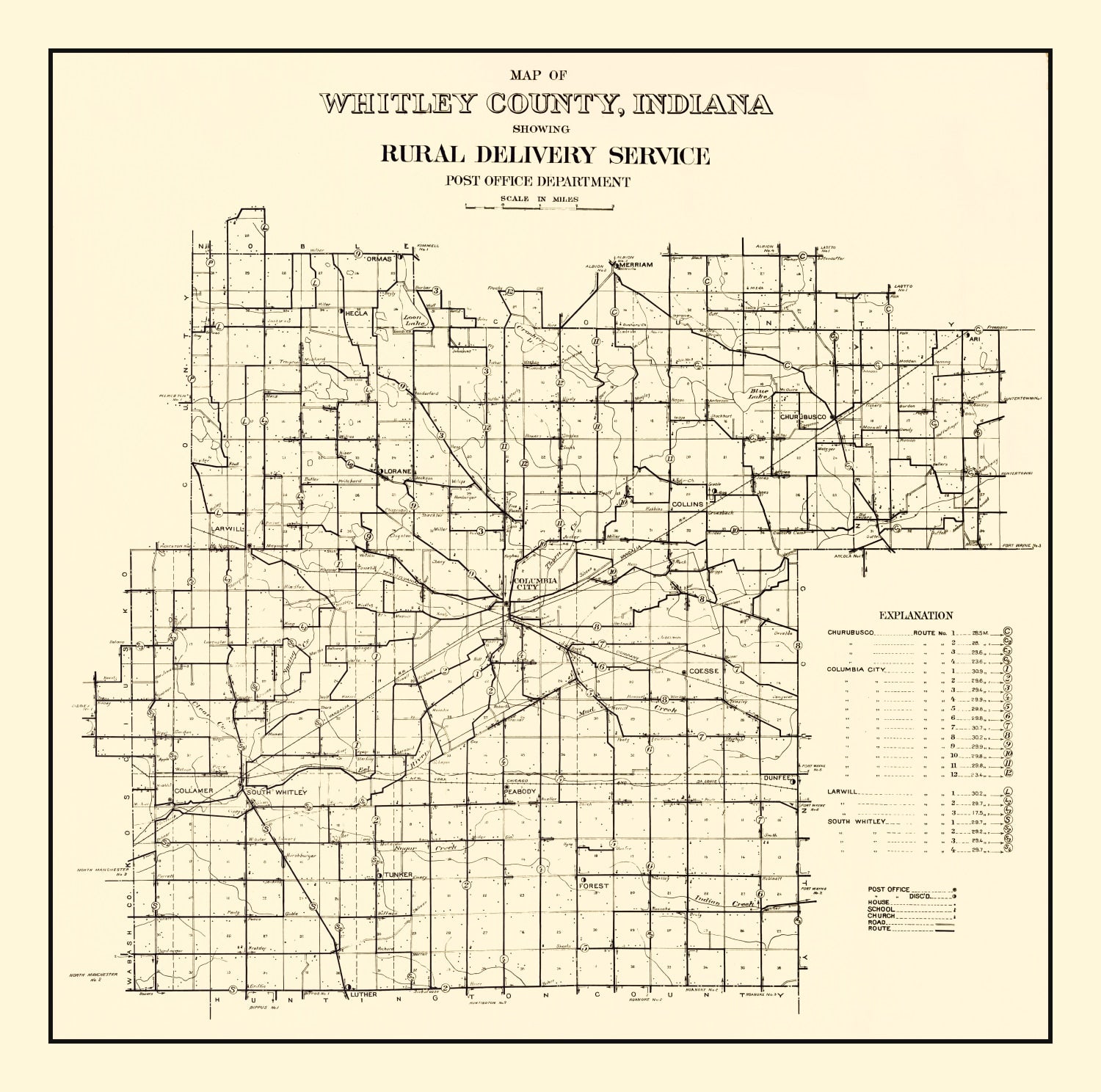 Vintage Map of Whitley County, Indiana 1910
