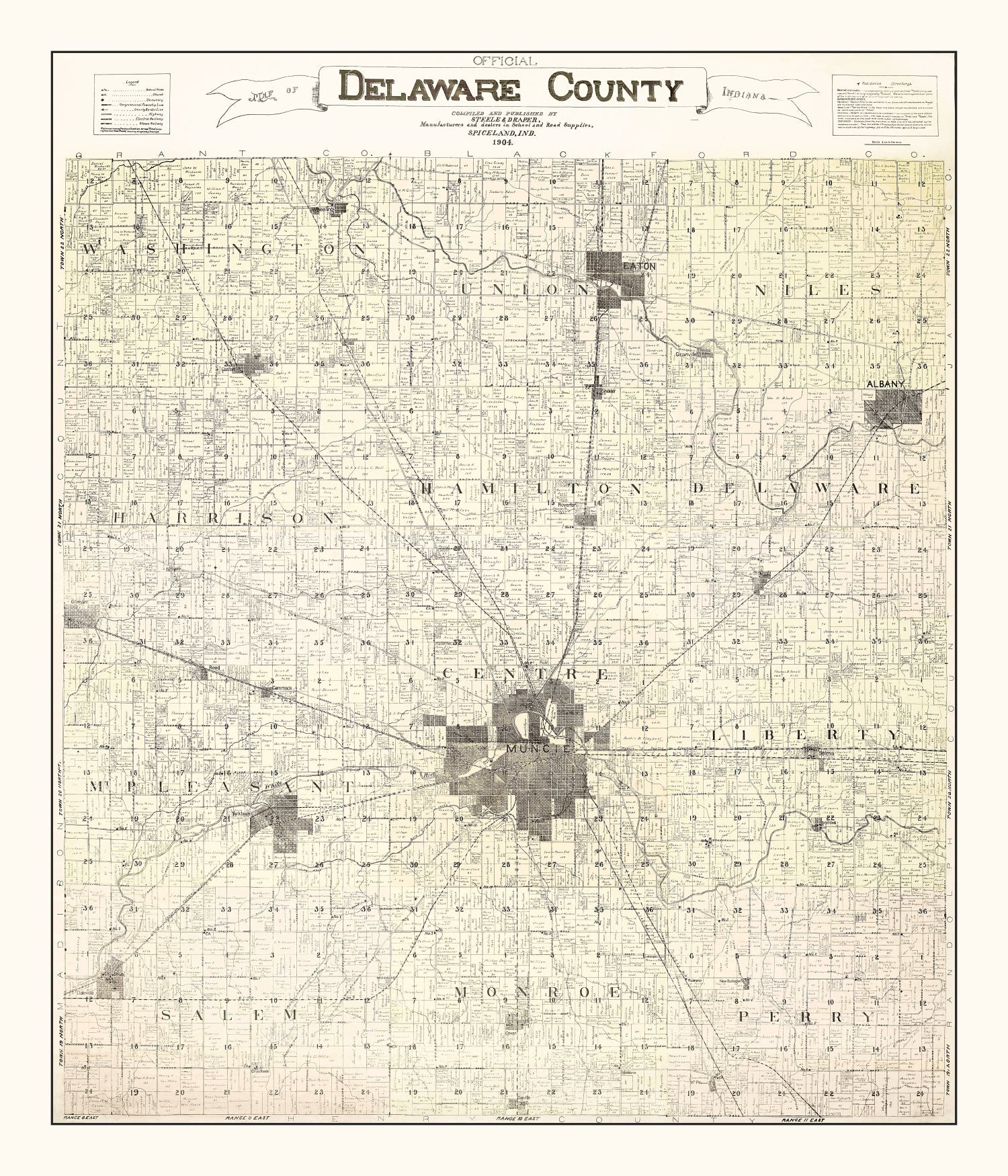 Vintage Map of Delaware County, Indiana 1904