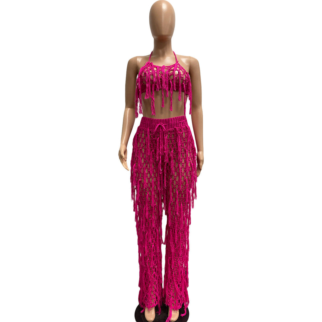 Sexy See through Knitted Hand Crochet Tassel Beach Suit