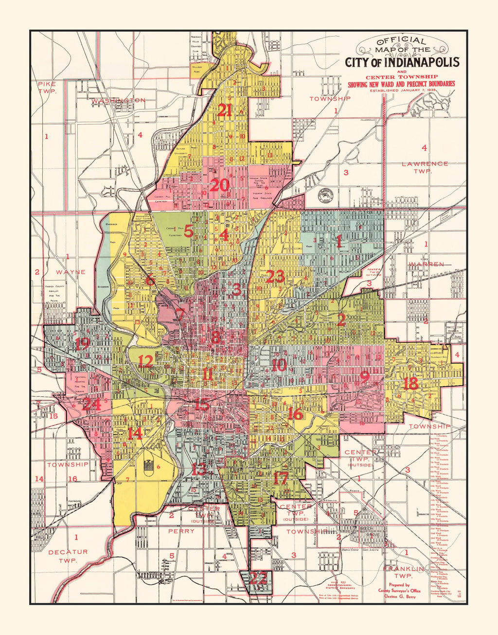 Vintage Map of Indianapolis, Indiana 1938