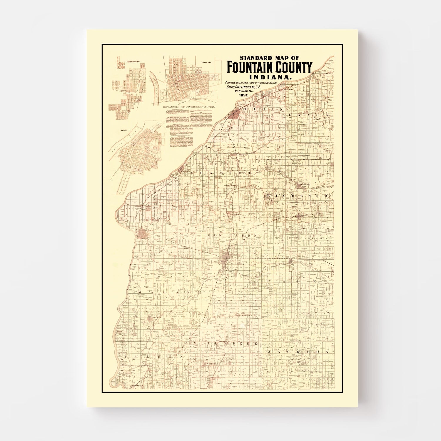 Vintage Map of Fountain County, Indiana 1897