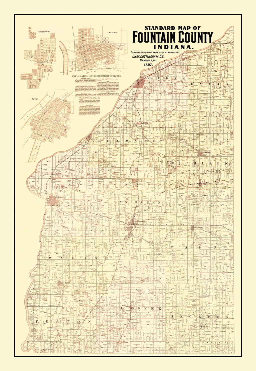 Vintage Map of Fountain County, Indiana 1897