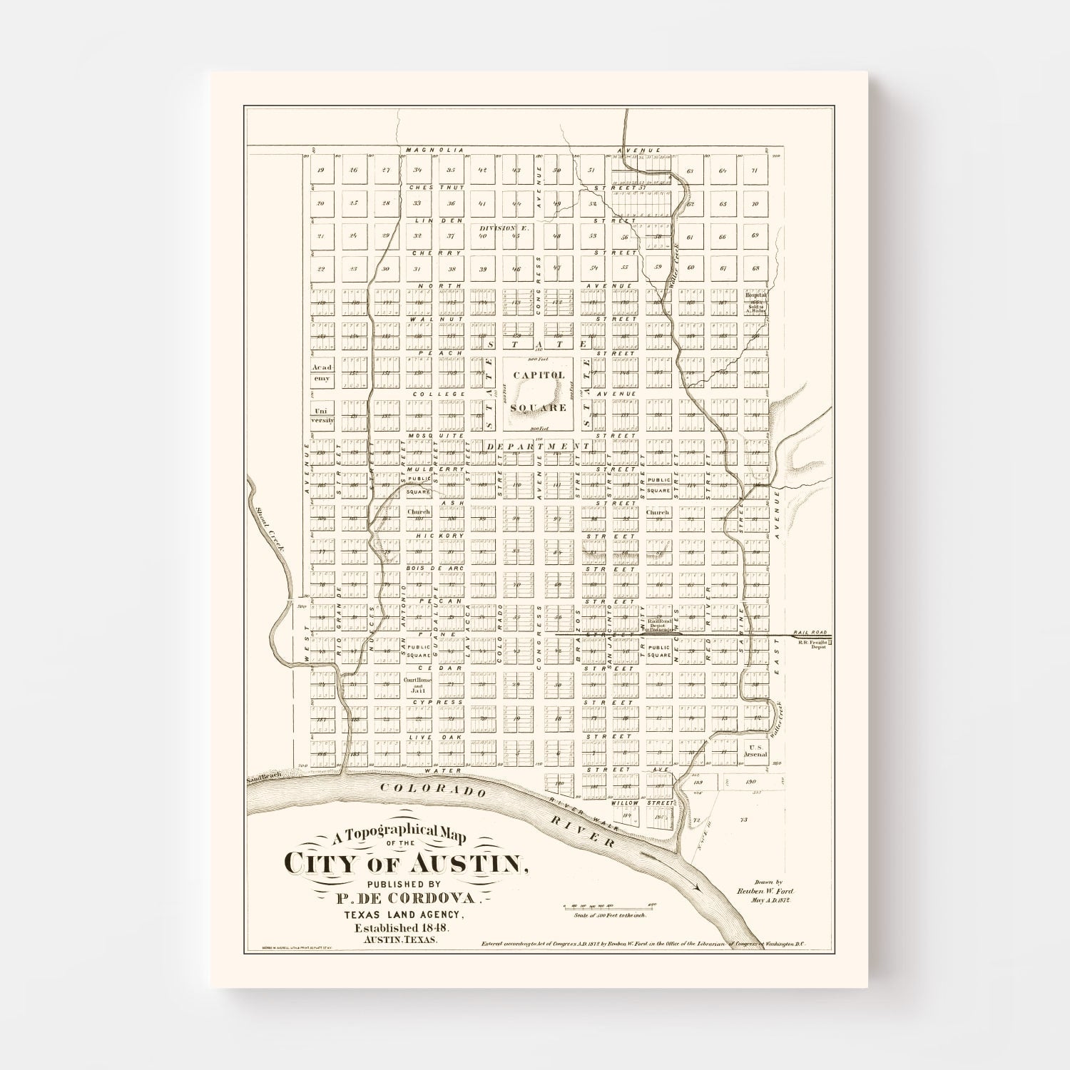 Vintage Map of Austin, Texas 1872